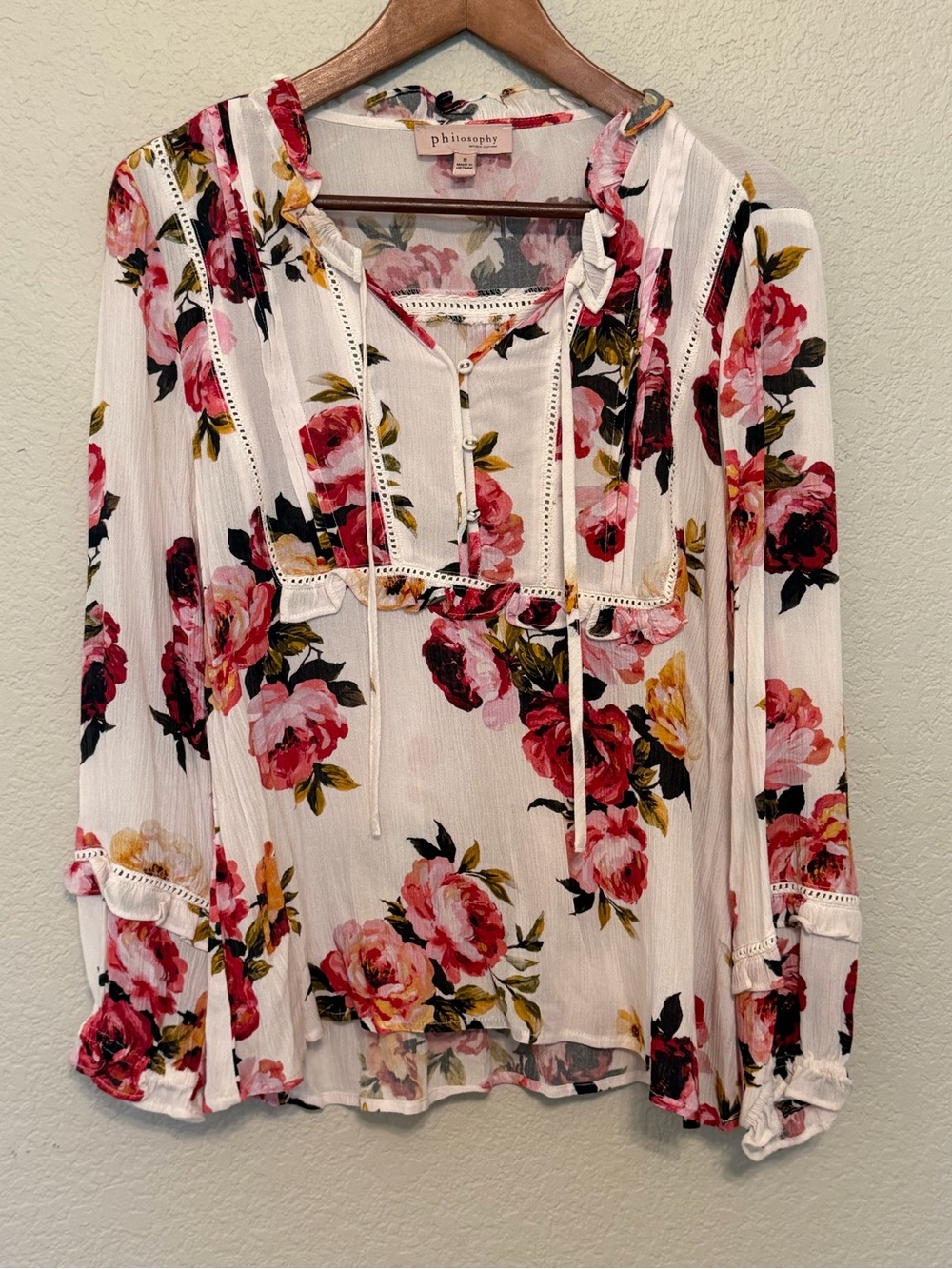 Philosophy Rose Floral Print Long Sleeve Lace Ruffle Peasant Blouse Size Small